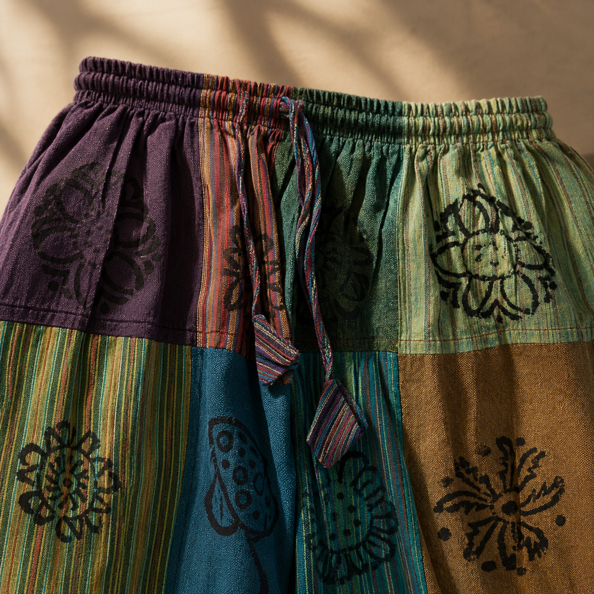 Mushroom Pants - Nomad Sari Block Print Designs - Green Tones