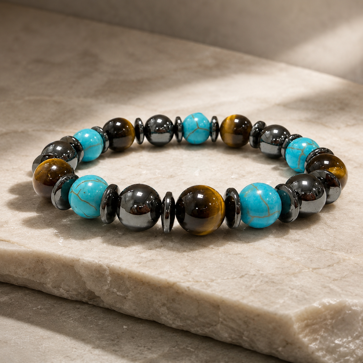 Tiger Eye, Black Onyx & Turquenite Bead Bracelet