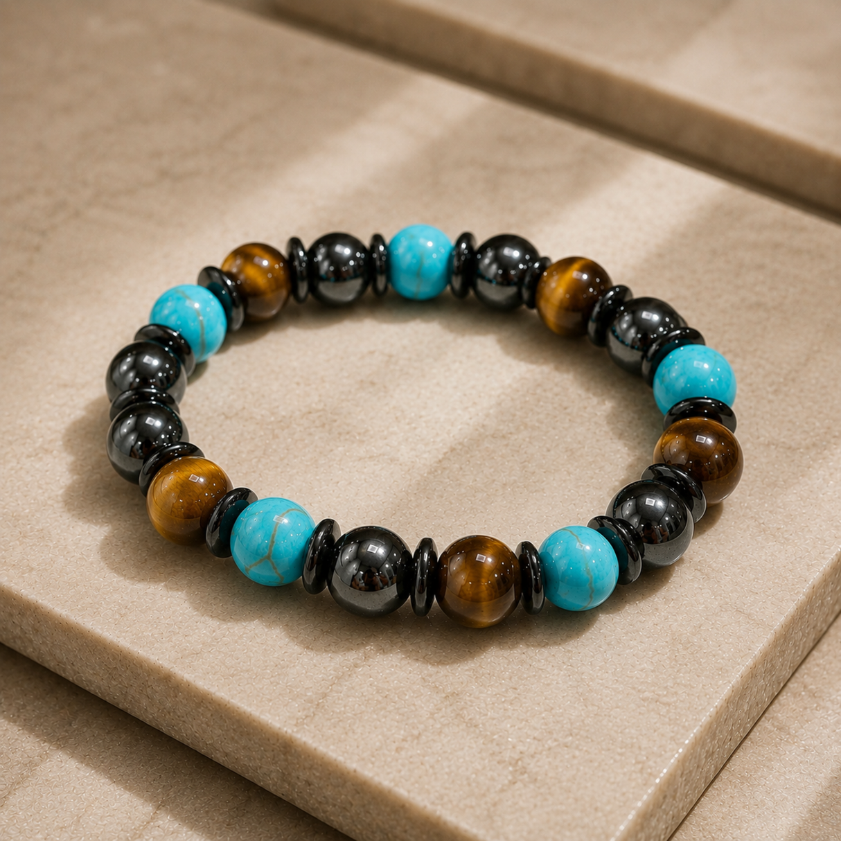 Tiger Eye, Black Onyx & Turquenite Bead Bracelet