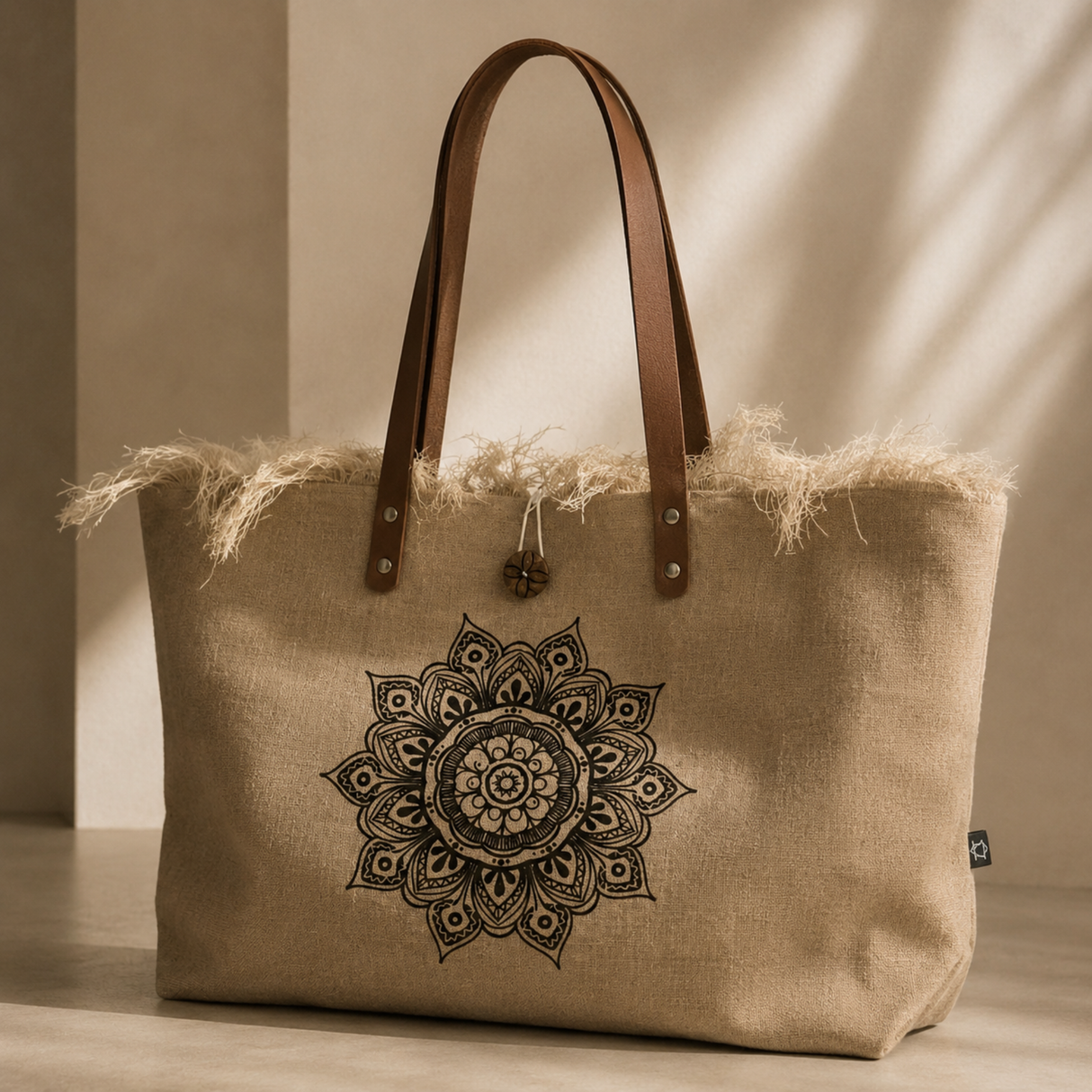 Natural Tote Bag Leather Handle - Mandala