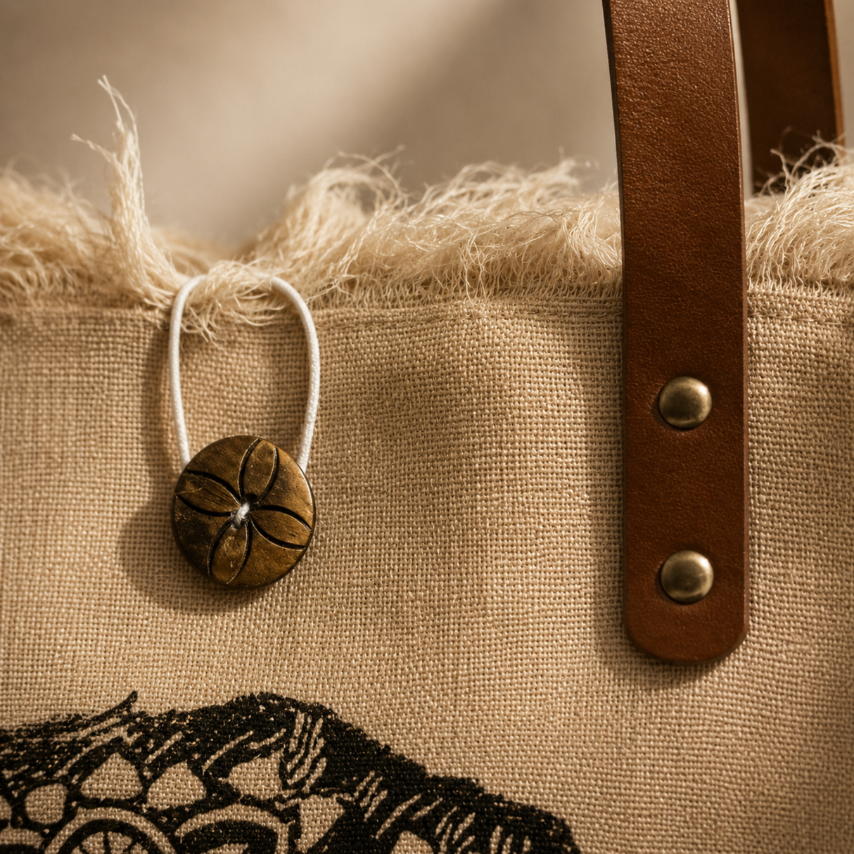 Natural Tote Bag Leather Handle - Flower of Life