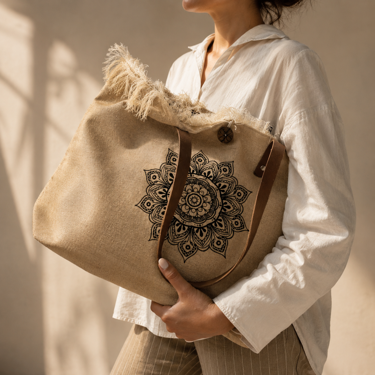 Natural Tote Bag Leather Handle - Mandala