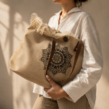 Natural Tote Bag Leather Handle - Mandala