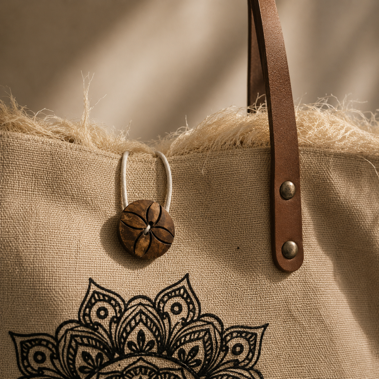Natural Tote Bag Leather Handle - Mandala