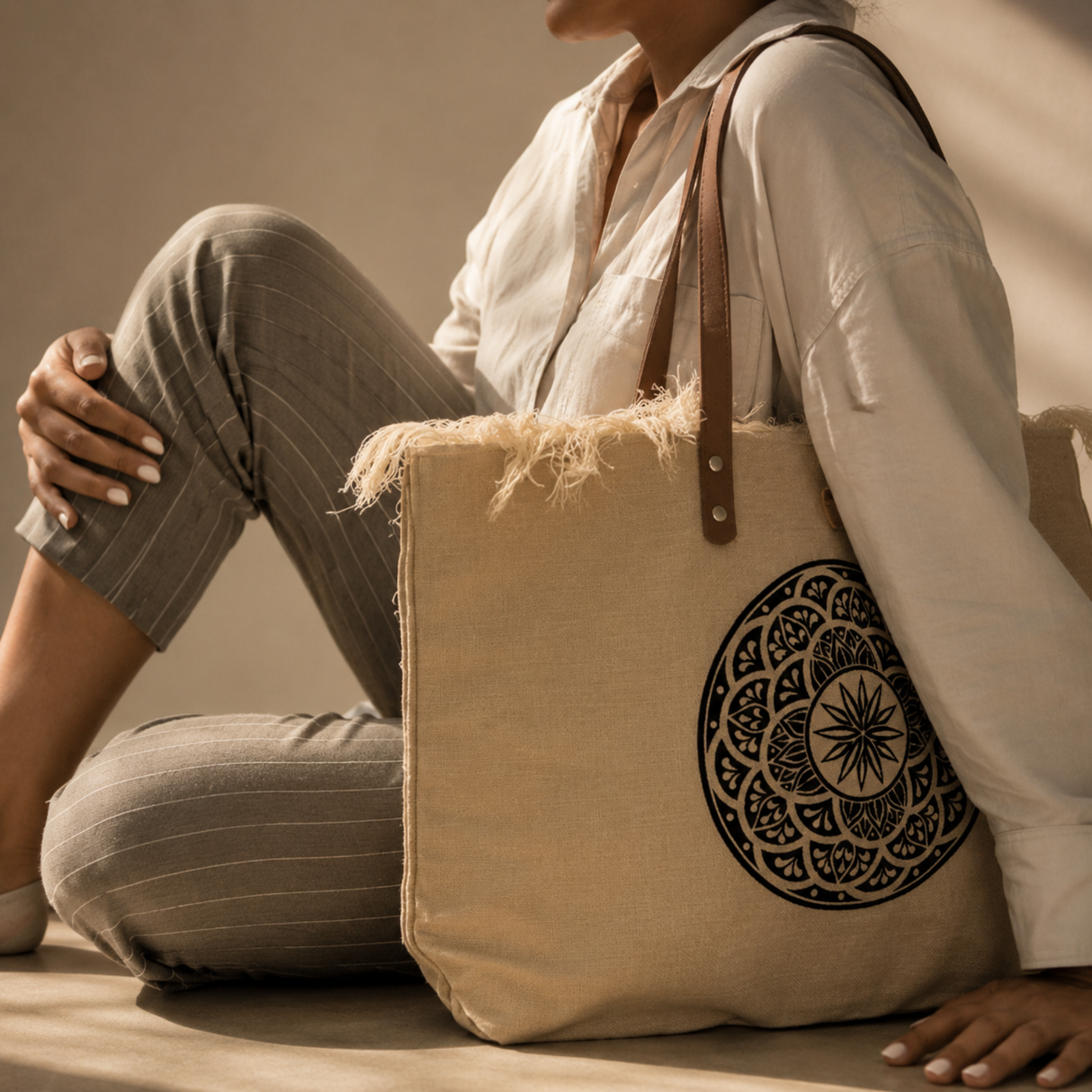 Natural Tote Bag Leather Handle - Flower of Life