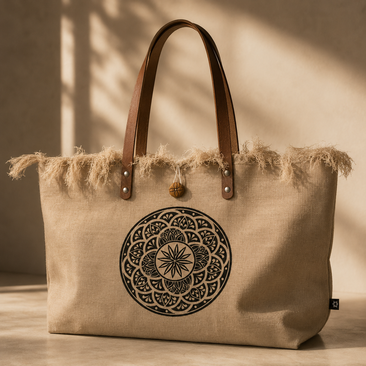 Natural Tote Bag Leather Handle - Flower of Life