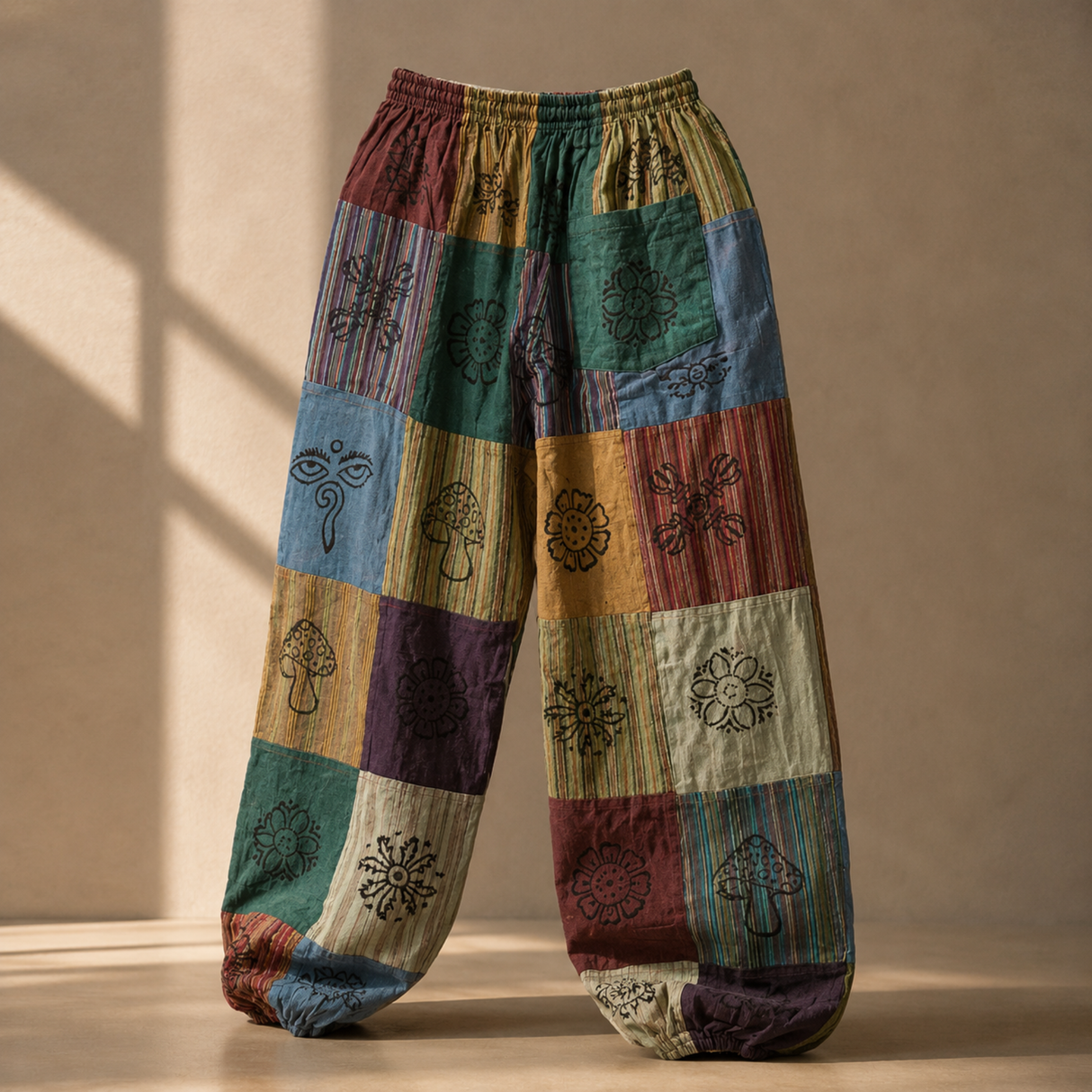 Mushroom Pants - Nomad Sari Block Print Designs - Green Tones
