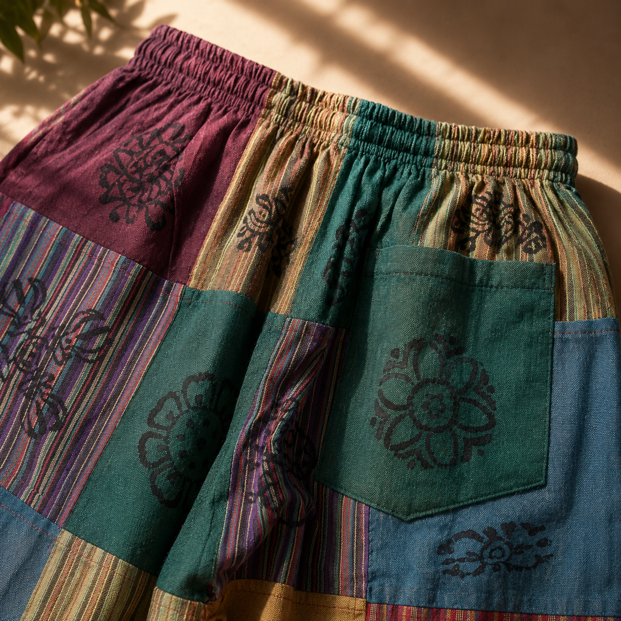 Mushroom Pants - Nomad Sari Block Print Designs - Green Tones