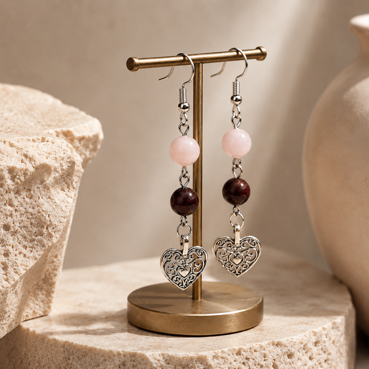 Heart Earrings with Garnet & Rose Quartz