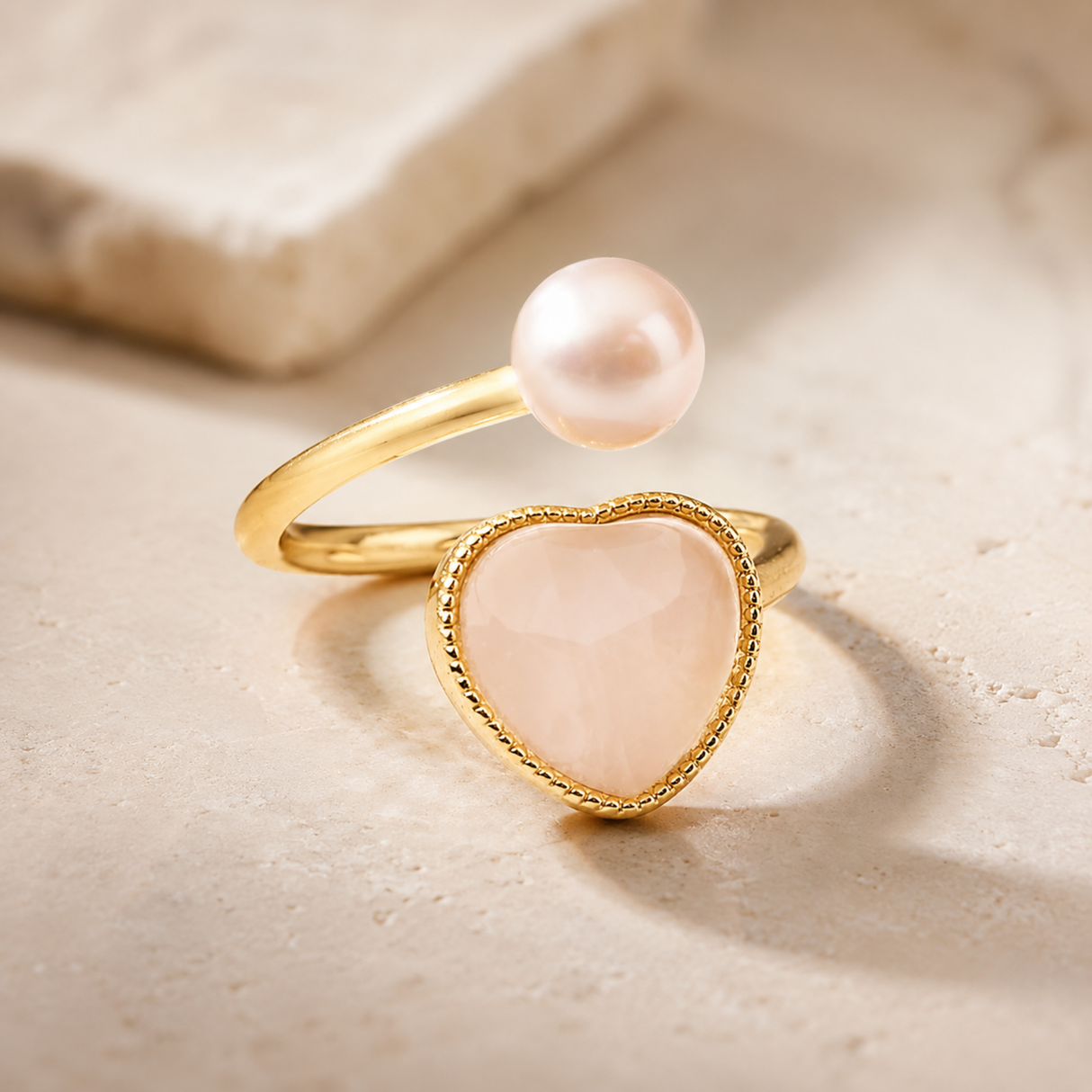 Adjustable Heart Ring with Pearl & Rose Quartz