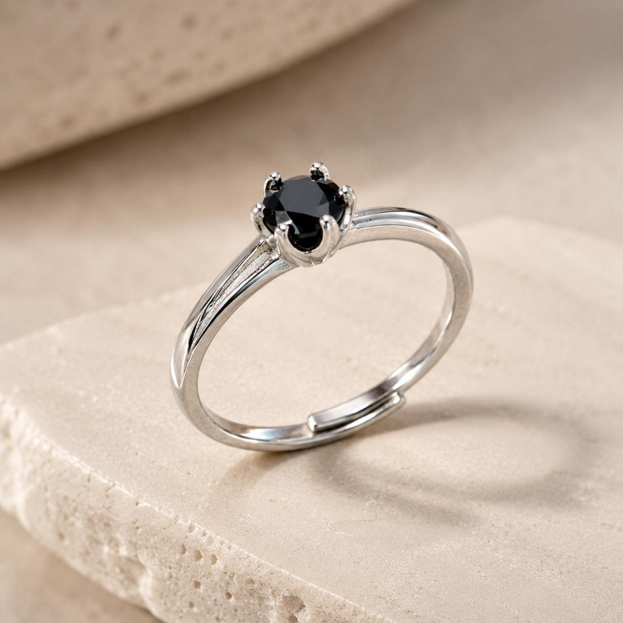 Black Spinel Adjustable Solitaire Ring